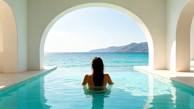 Woman swimming in pool with arched view of blue ocean infinity pool blue water