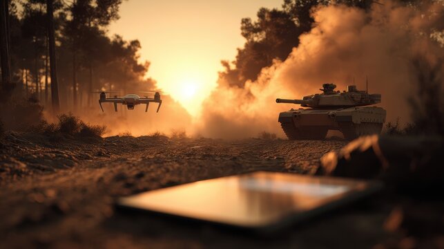A military drone hovers over a dusty combat zone with a battle tank moving through smoke during sunset. Striking illustration of modern warfare and reconnaissance operations.