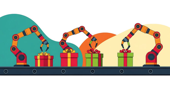 Robot Arm Box Automated Industrial Robotic Arms Wrapping and Organizing Holiday Gift Boxes on a Conveyor Belt in a Flat Vector Illustration Style