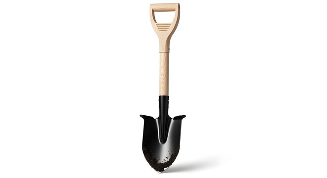 A garden shovel with a wooden handle and dirt on its blade