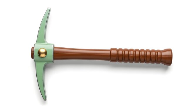 A miniature green and brown toy pickaxe with a gold button lies on a white background