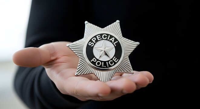 A shiny silver special police badge with a star held in a persons palm
