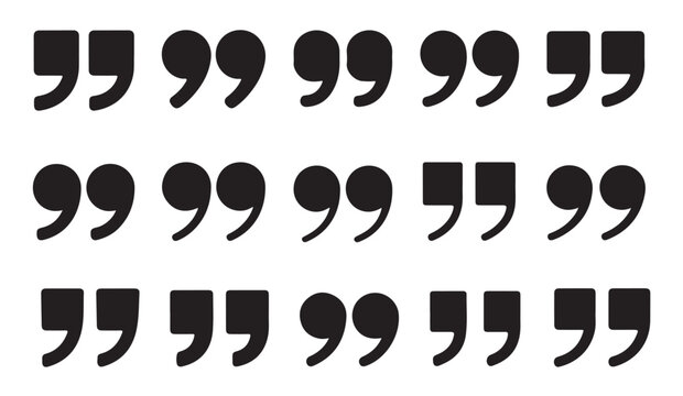 Set of black double quotation marks symbols in various font styles for editorial design on transparent background.