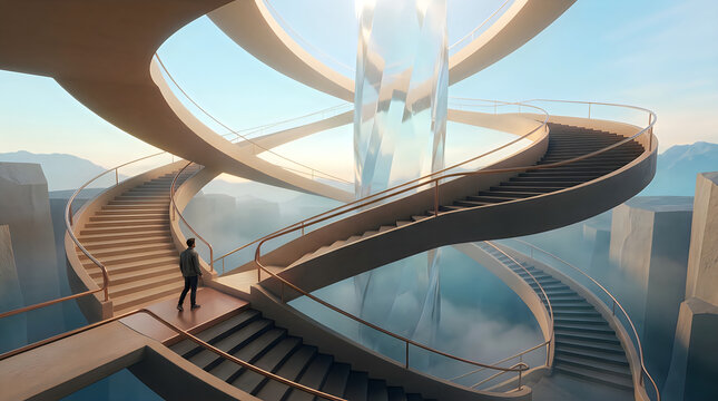 A person standing on a futuristic spiral staircase overlooking a sprawling modern city landscape during a bright day