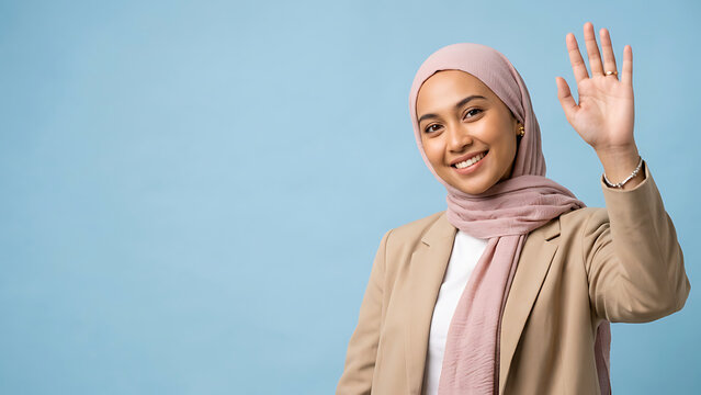 Smiling professional Muslim woman in pink hijab waving greeting