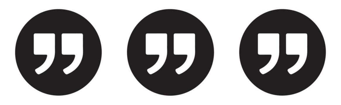 Black round testimonial icon set with quote marks for digital marketing materials and customer experience.