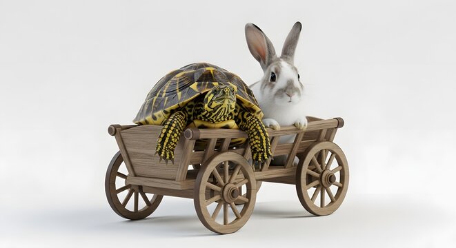 Funny turtle and rabbit riding in a small wooden cart
