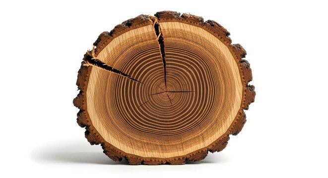 Natural cross section of a tree trunk isolated on white background