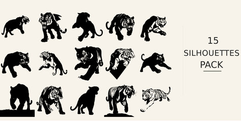 Obraz premium Tiger Pouncing Silhouette - Angular Shape Fine Detail Silhouette Black Vector Clipart on White Background