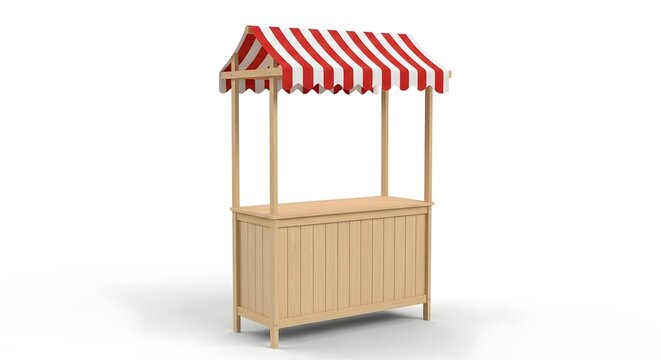 Wooden market stall with a red and white striped awning