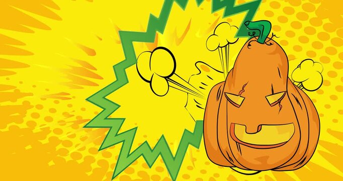 Cartoon Jack O' Lantern, comic book Halloween pumpkin video. Retro comics pop art design animation