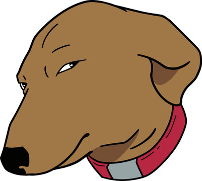 Skeptical brown dog head with red collar, cartoon vector