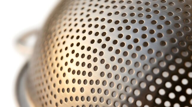 Close up of shiny metal kitchen colander with perforated hole pattern