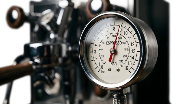 Close up view of a round metal pressure gauge on an espresso machine