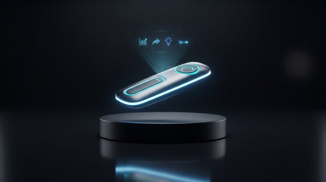 Futuristic wireless presenter clicker with illuminated controls and holographic interface, featuring electric cyan and ice blue technology accents.