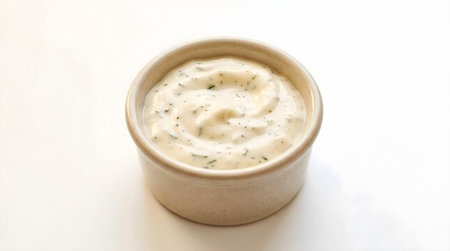 Creamy ranch dressing in small ceramic bowl isolated on white background