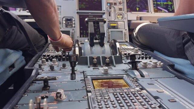 Close-up view of airline pilots operating the throttle and flight controls inside a modern commercial aircraft cockpit.
Airbus A330