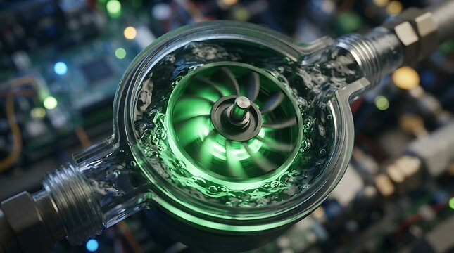 Liquid cooling system pump circulating coolant through transparent housing for computer hardware thermal management