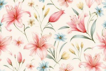 Fototapeta premium Elegant Pink Lily Watercolor Seamless Pattern with Pale Blue, Pink and Butter Yellow Flowers