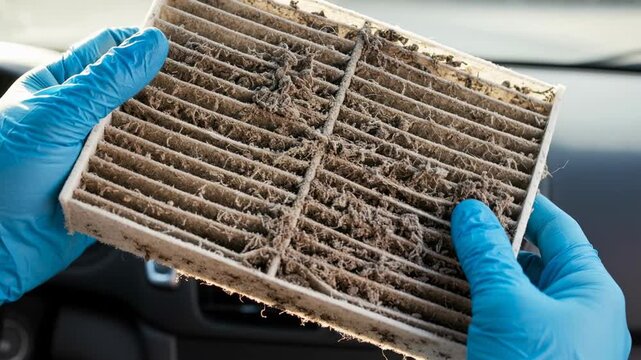 Close-up view of a person wearing blue gloves holding a very dirty and clogged vehicle cabin filter.