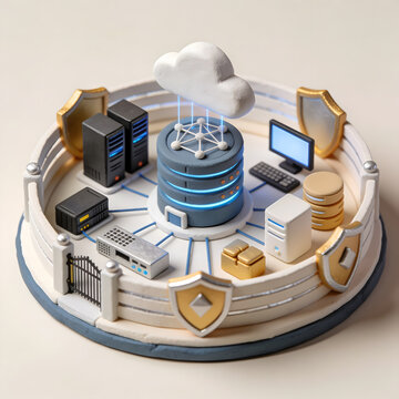 Cloud cybersecurity concept with servers and data storage systems, network protection and digital shields, illustrating cloud computing, data security, and modern IT infrastructure.