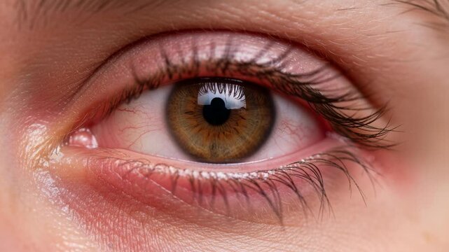 A close-up view of a human eye with a brown iris, showing fine blood vessels in the white sclera.