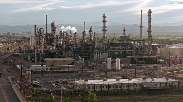 Overview of oil refinery america drone video Denver Colorado 4K