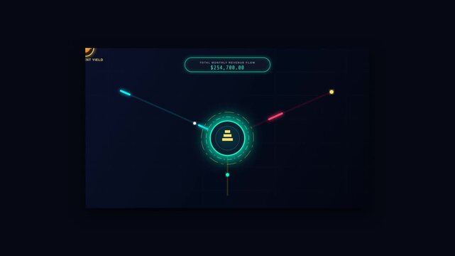Abstract Digital Revenue Flow Animation with Glowing Lines and Central Circular Interface Element