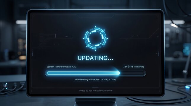 Digital tablet displaying an Updating... screen with a progress bar and futuristic loading animation.