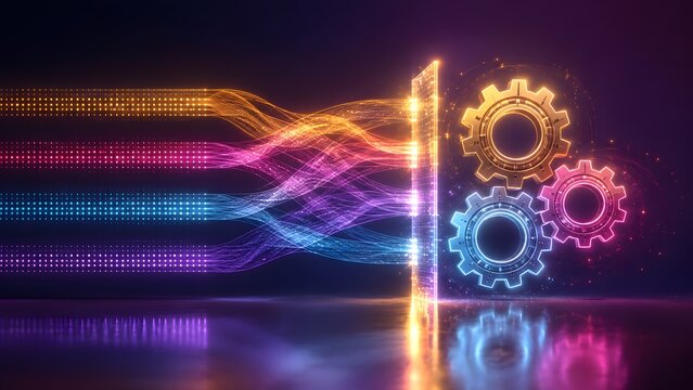 Data Stream Processing And System Integration Gear Mechanism Concept Dark Background