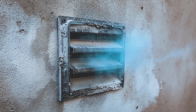 Blue smoke or toxic gas leaking from an industrial wall vent on a weathered concrete building