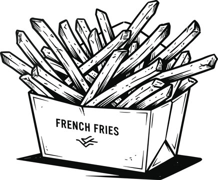 Highly detailed vintage style woodcut engraving illustration of a cardboard tray overflowing with crispy hot french fries