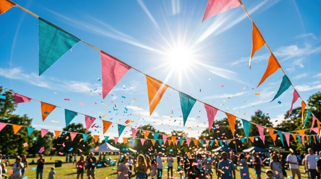 Colorful Bunting Flags and Confetti at a Sunny Outdoor Summer Festival with a Bright Sun Flare