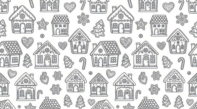 Christmas gingerbread house seamless pattern coloring book page