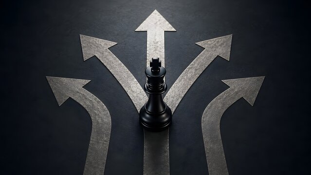 Strategic Business Decision Making Chess King At Crossroads With Arrows