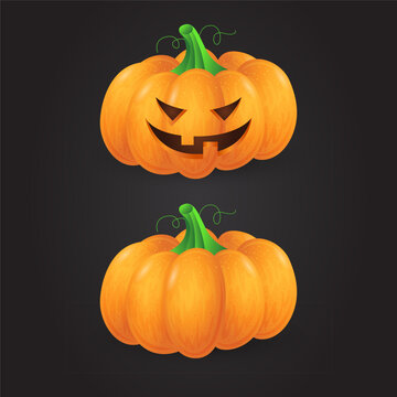 Halloween pumpkin vector asset. Plain orange jack o lantern monster ghost creepy scary face autumn harvest celebration holiday element icon illustration concept.