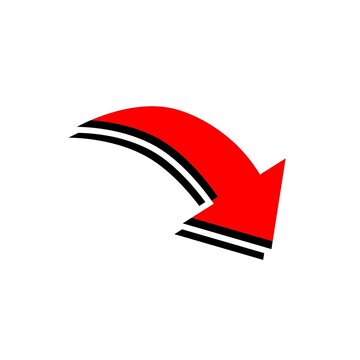 Red curved arrow pointing down and right vector icon isolated on white background