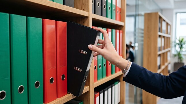 Hand reaching for a black binder on a shelf filled with colorful office binders.