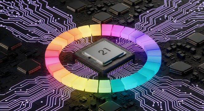 Central computer processor chip surrounded by a glowing colorful circular light ring