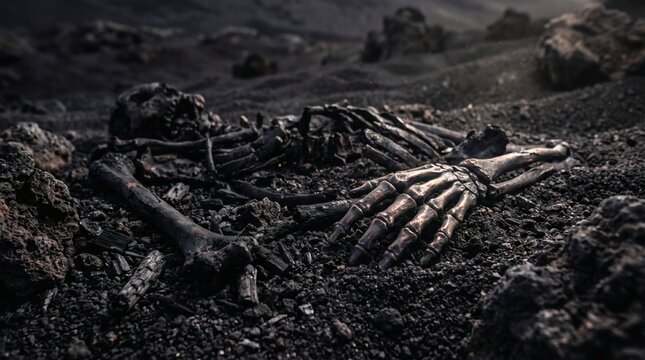 Human skeleton lying partially buried in dark soil and debris.