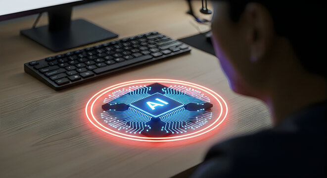 Person working at a desk with a holographic computer chip projection