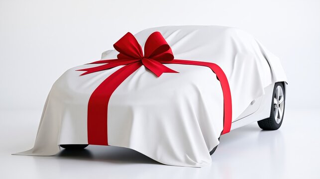 A new automobile is presented as a wrapped gift with a large red bow.
