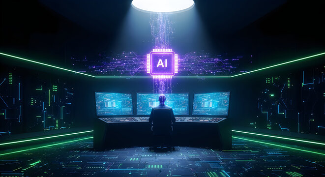 Futuristic digital control room with a person working on advanced technology