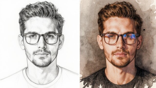 Artistic Comparison of Male Portrait in Sketch and Painted Style