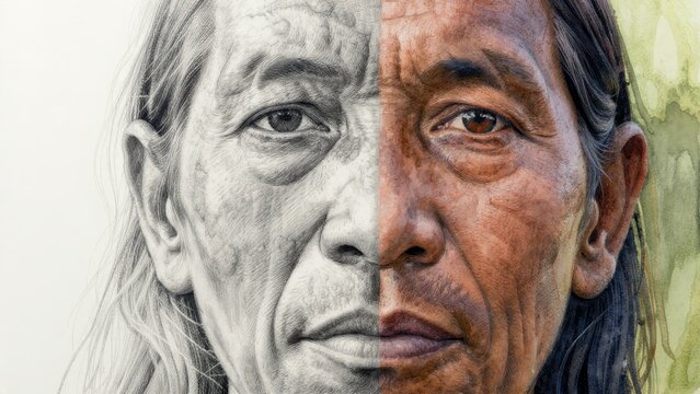 Artistic Split Portrait of Man Showing Contrast in Color and Detail