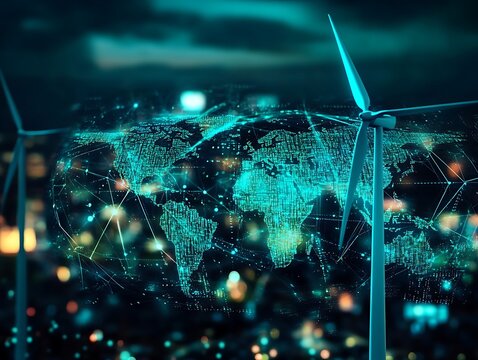 Wind turbines standing before digital map of world symbolizing global sustainable energy and renewable power grid.