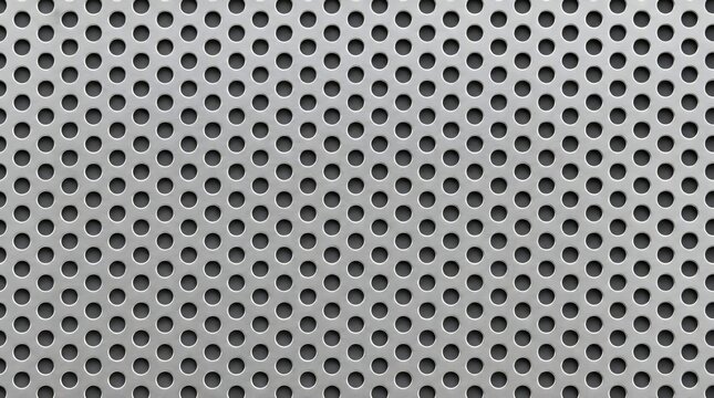 Close up of silver sheet metal texture with round holes pattern.