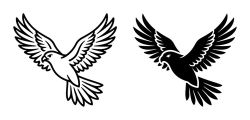 Fototapeta premium Two stylized bird icons, one outline and one silhouette, depicting a falcon in flight. Vector graphics for freedom, speed, and nature themes.