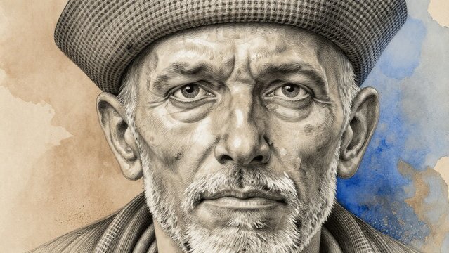 Detailed Portrait of an Elderly Man with Expressive Eyes and Hat