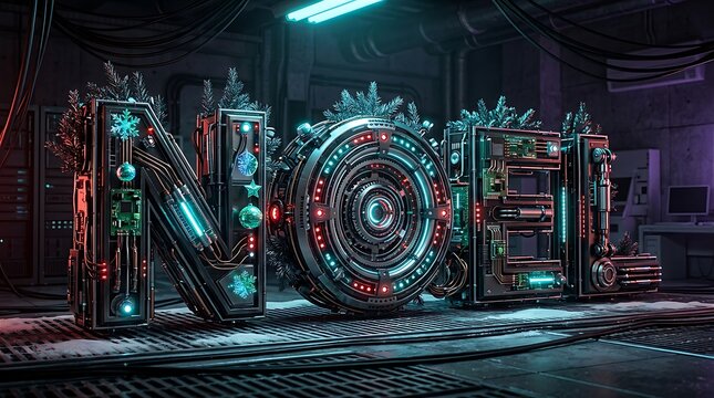 Futuristic cyberpunk lettering spelling noel with intricate metallic circuit components and glowing neon lights set in a dark industrial server room